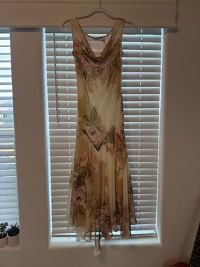 Newport News Cream Rose Lace Print Cowl Neck Asymmetrical Hem 90s Y2K Dress